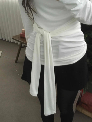 Side Wrap String Slim Fit Round Long Sleeve T-shirt