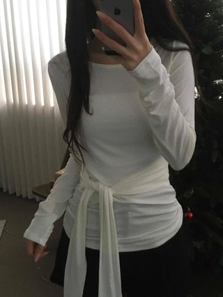 Side Wrap String Slim Fit Round Long Sleeve T-shirt