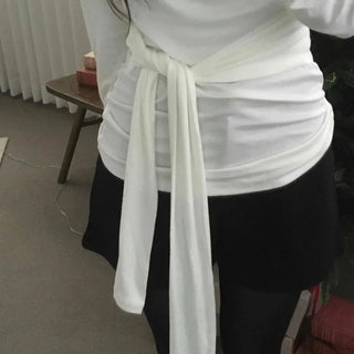 Side Wrap String Slim Fit Round Long Sleeve T-shirt