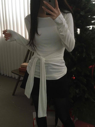 Side Wrap String Slim Fit Round Long Sleeve T-shirt