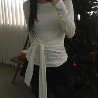 Side Wrap String Slim Fit Round Long Sleeve T-shirt