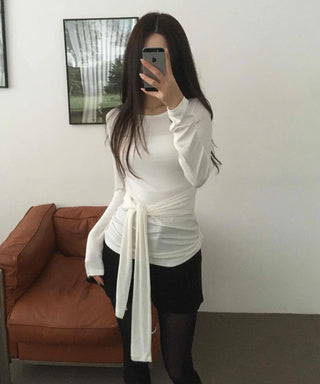 Side Wrap String Slim Fit Round Long Sleeve T-shirt