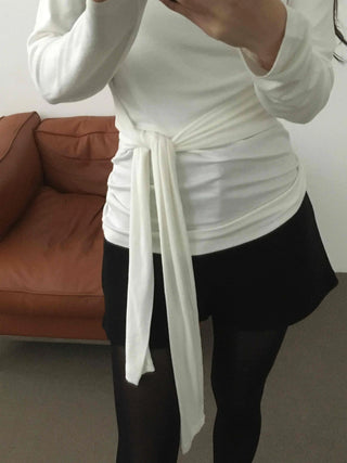 Side Wrap String Slim Fit Round Long Sleeve T-shirt