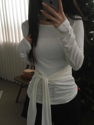 Side Wrap String Slim Fit Round Long Sleeve T-shirt