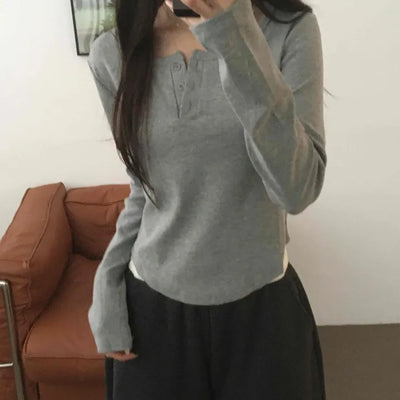 Soft Cotton Button Collar Slim Fit Long Sleeve T-shirt