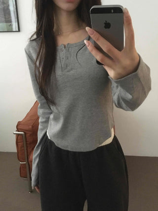 Soft Cotton Button Collar Slim Fit Long Sleeve T-shirt