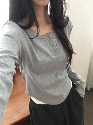 Soft Cotton Button Collar Slim Fit Long Sleeve T-shirt