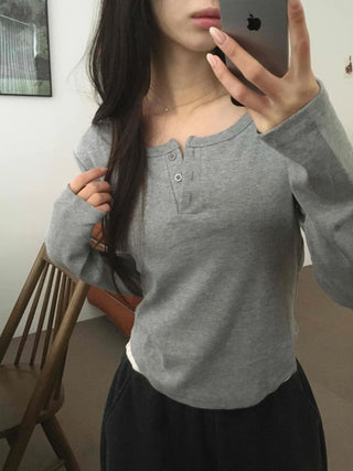Soft Cotton Button Collar Slim Fit Long Sleeve T-shirt