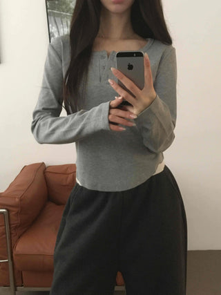 Soft Cotton Button Collar Slim Fit Long Sleeve T-shirt