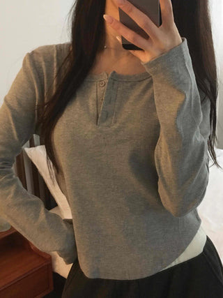 Soft Cotton Button Collar Slim Fit Long Sleeve T-shirt