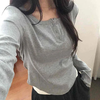 Soft Cotton Button Collar Slim Fit Long Sleeve T-shirt