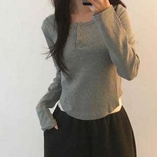 Soft Cotton Button Collar Slim Fit Long Sleeve T-shirt