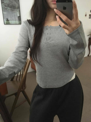 Soft Cotton Button Collar Slim Fit Long Sleeve T-shirt