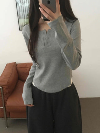 Soft Cotton Button Collar Slim Fit Long Sleeve T-shirt