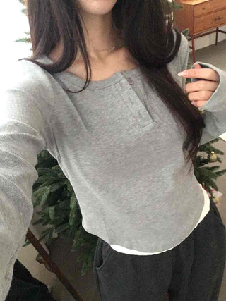 Soft Cotton Button Collar Slim Fit Long Sleeve T-shirt
