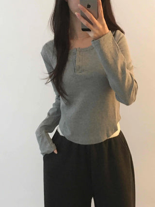 Soft Cotton Button Collar Slim Fit Long Sleeve T-shirt