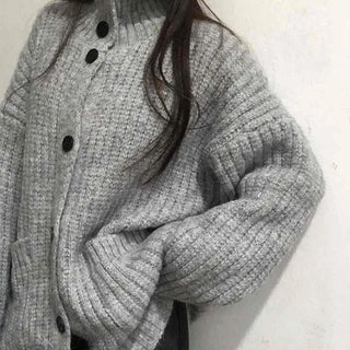 Waffle Texture Loose Fit High-Neck Button Cardigan
