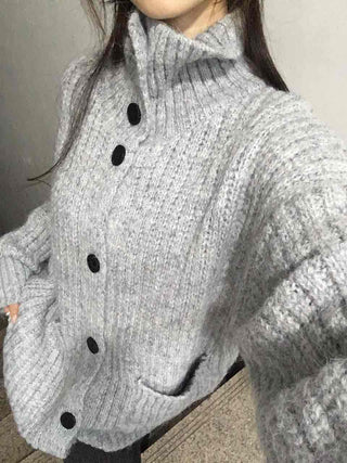 Waffle Texture Loose Fit High-Neck Button Cardigan