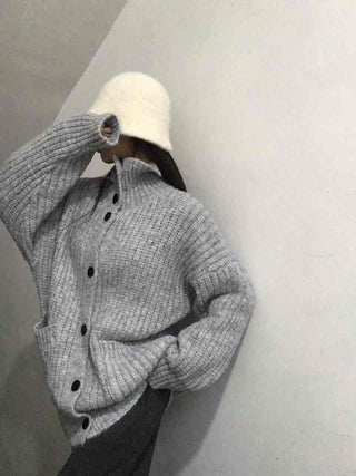 Waffle Texture Loose Fit High-Neck Button Cardigan