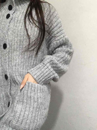 Waffle Texture Loose Fit High-Neck Button Cardigan