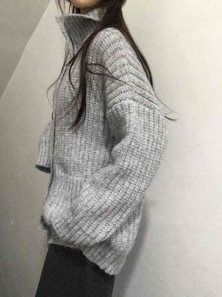 Waffle Texture Loose Fit High-Neck Button Cardigan