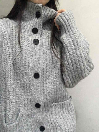 Waffle Texture Loose Fit High-Neck Button Cardigan