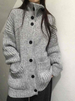 Waffle Texture Loose Fit High-Neck Button Cardigan