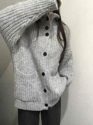 Waffle Texture Loose Fit High-Neck Button Cardigan