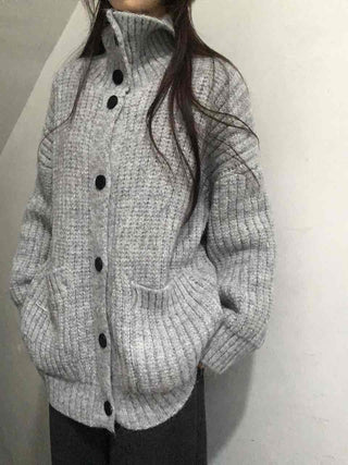 Waffle Texture Loose Fit High-Neck Button Cardigan