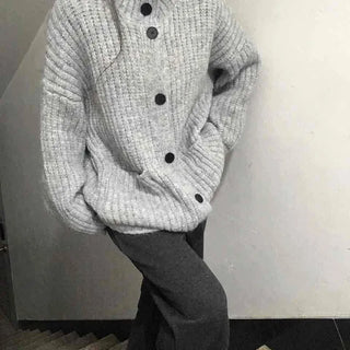 Waffle Texture Loose Fit High-Neck Button Cardigan