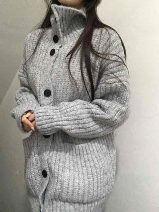 Waffle Texture Loose Fit High-Neck Button Cardigan