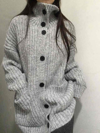 Waffle Texture Loose Fit High-Neck Button Cardigan