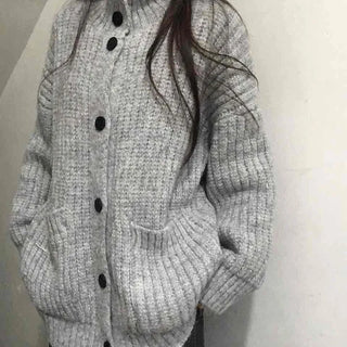 Waffle Texture Loose Fit High-Neck Button Cardigan