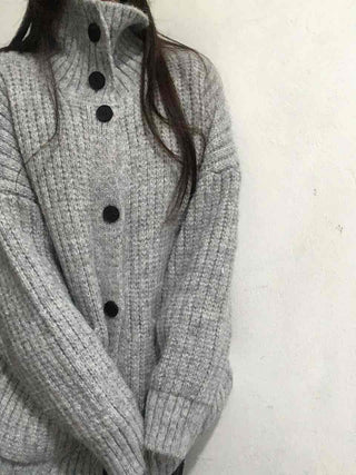 Waffle Texture Loose Fit High-Neck Button Cardigan