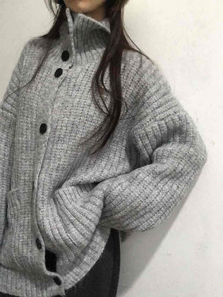 Waffle Texture Loose Fit High-Neck Button Cardigan