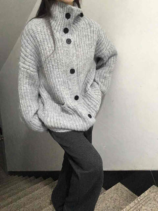 Waffle Texture Loose Fit High-Neck Button Cardigan