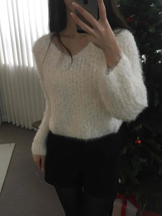 Fluffy Poodle V-neck Knit