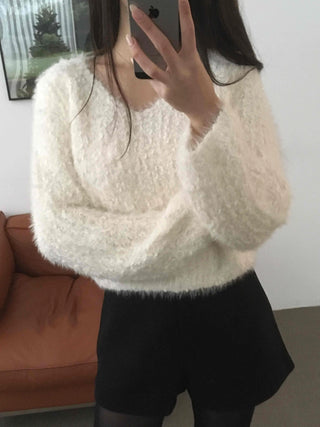 Fluffy Poodle V-neck Knit