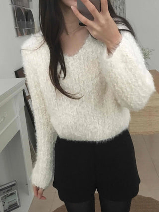 Fluffy Poodle V-neck Knit