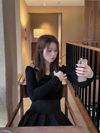 Romantic Shirred Halter Square Neck Slim Long Sleeve T-shirt
