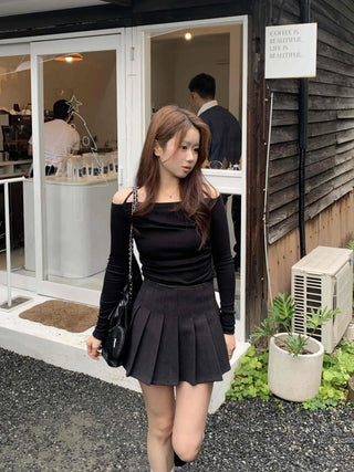 Romantic Shirred Halter Square Neck Slim Long Sleeve T-shirt