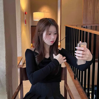 Romantic Shirred Halter Square Neck Slim Long Sleeve T-shirt