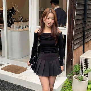 Romantic Shirred Halter Square Neck Slim Long Sleeve T-shirt