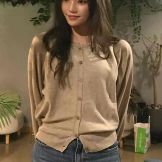Retro Pleated Sleeve Band Collar Button Knit Cardigan