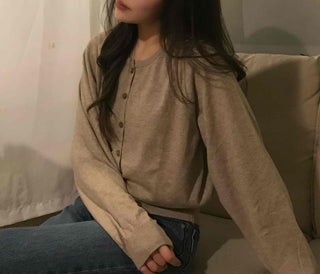 Retro Pleated Sleeve Band Collar Button Knit Cardigan
