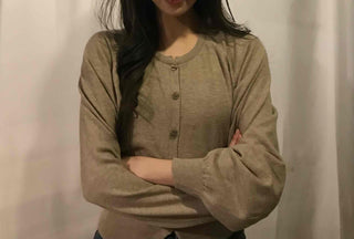 Retro Pleated Sleeve Band Collar Button Knit Cardigan