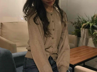 Retro Pleated Sleeve Band Collar Button Knit Cardigan