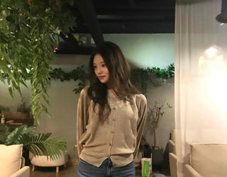 Retro Pleated Sleeve Band Collar Button Knit Cardigan