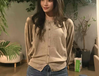 Retro Pleated Sleeve Band Collar Button Knit Cardigan