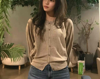 Retro Pleated Sleeve Band Collar Button Knit Cardigan